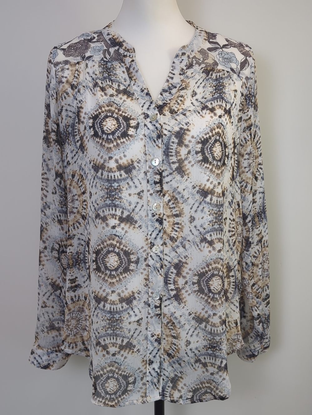 Figueroa & Flower Boho Mixed Print Button Down Blouse Top PETITE LARGE
